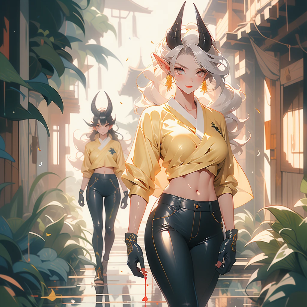 ((best quality)), ((masterpiece)), (detailed), 1 girl-dragoness warrior, 8k_wallpaper, extremely detailed eyes, (large masterpiece digital art), (intricate details:1.3 ), (ultra-detailed:1.3), (sharp focus:1.3), (natural lighting:1.05), (vivid colors:1.3), (best quality:1.4), high quality, expressive eyes, full body, detailed face, beautiful face, perfect face, ((hair sandy white curls)), dragon dark blue horns, (gold eyes), {{dark skin}}, ({dark skinned female}), big breasts, (huge chest), powerful relief muscles of the abdomen and legs, powerful strong muscles of the arms, abdominal piercings, cruel predatory and cold-blooded arrogant look, a predatory smile with many fangs, she is wearing an open dark blue silk lush kimono with patterns of golden maple leaves, a white translucent cotton crop-top outlines of nipples under clothing, leather mini-shorts, lowered leather wide red belts on the waist with large yarn, a backpack with, (long large dragon dark blue tail), she stands on the deck of a battle galleon moored in the city port of a fantasy world, clear sunny day, character concept art style,