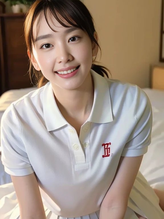 (Masterpiece, Best quality: 1.4), (Ultra realistic, Photo-realistic: 1.2), Full body, (kneeling: 1.3), Looking at viewer, Natural light, 18 years old actress, Japanese women, (arms behind back: 1.2), Neat and clean, ((White tennis uniform, White short-sleeve polo shirt with collar:1.2)), (unbutton:1.3), ((White tennis pleated skirt:1.2)), Wearing white sock, (ponytail: 1.2), Light brown hair color, (Beautiful Face), Oval face, clear, (Beautiful eyes, Kind eyes), (Clear skin), Small face, (Small mouth, Beautiful mouth), Natural makeup, Approachable, Luxury hotel Suite room, On bed, (nsfw:1.1), Seductive smile, Seductive pose, Beautiful thighs, Bedroom eyes,