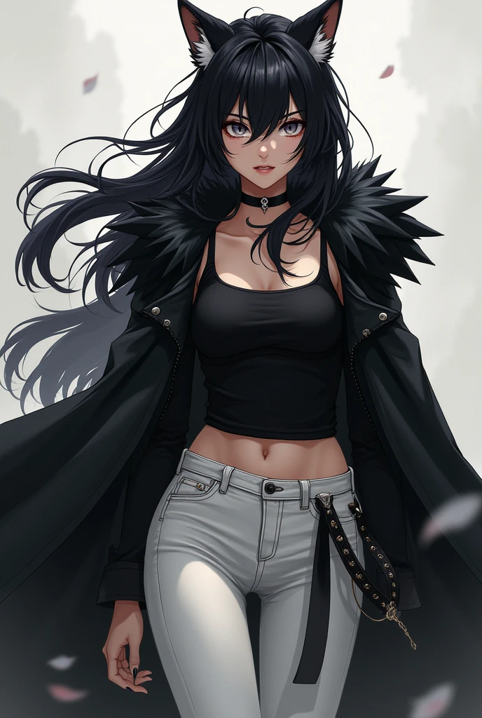 Slayer cat wolf anime girl- 6 girl
With a long black coat

And wihte denims