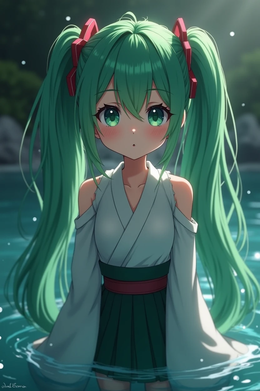 1 Girl, Solitary, Hair accessories, Green Hair, Double tail, Long hair, skirt, water,, Medium shot portrait (Faruzan) From genshin impact,, Dark fantasy background, A charming smile., Produced by Greg Rutkowski and Walt Disney,Ultra-realistic、Rich in details、Photorealism、Analog style、Focus clearly on the eyes, Movie Lighting,, , ,Ultra HD, HDR, 8K