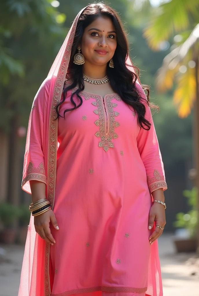 24 year old Indian lady who is 6 feet tall, has a big figure, big boobs, big ass, is wearing a pink cotton kurta only , has a dupatta on her head, she is not wearing salwar, her big fat thighs are very beautiful