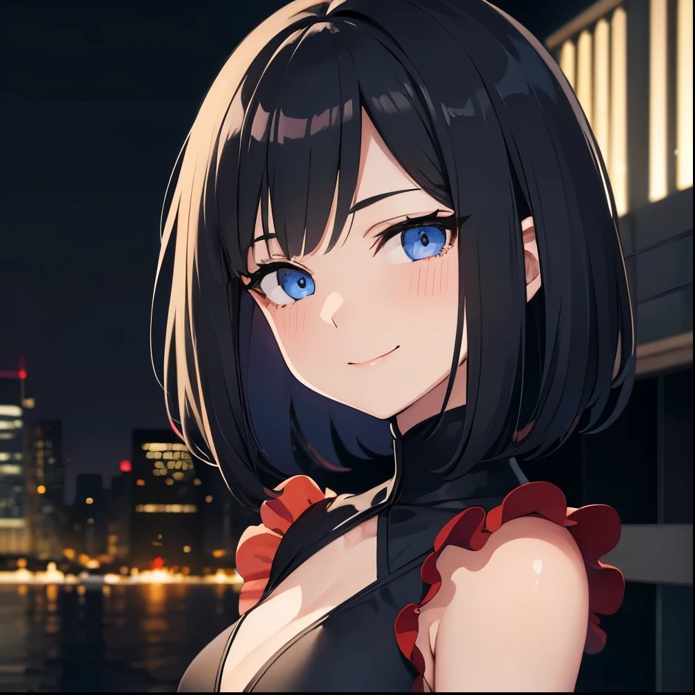 [(Beautiful young girl) (short black hair) (blue eyes) (flat chest) (small breasts)]  ([high Definition] [correct anatomy]):  (very close face) (smiling) (red cheeks) (in love expressions) (city background) 