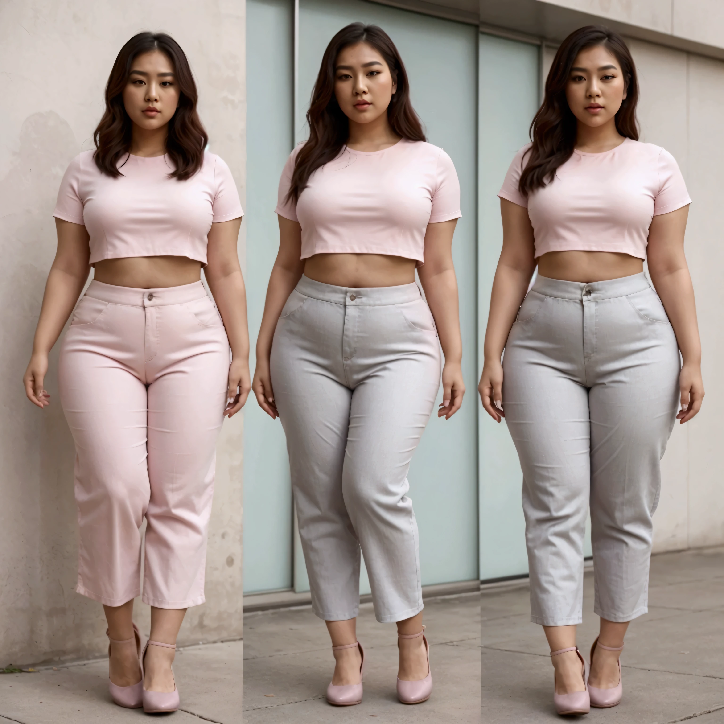 Full body Image captured with a Sony α7 III camera, Asian beautiful woman sexy curvy plus size, eye contact camera view, different style standing position, curvy plus size big hour glass bulky huge figure with wide hips, narrow shoulders, She is wearing a crop top shirt in a pastel pink color, paired with straight cut trousers in grey with ankle length , standing, She is also wearing tip-toe shoes that match the crop top in pastel pink color. standing straight facing the camera,