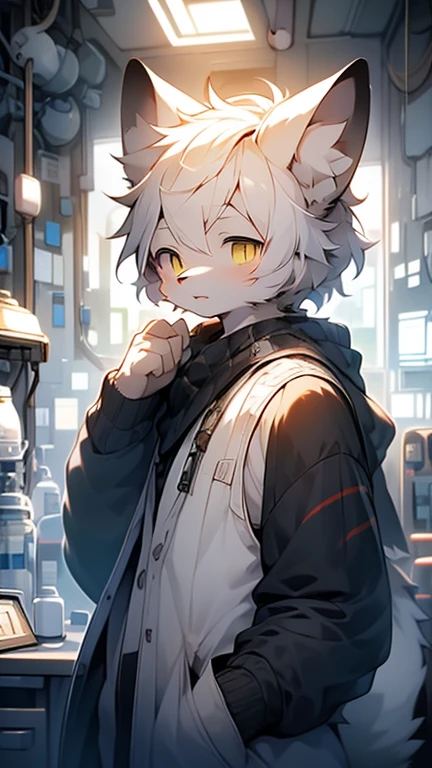 a drawing of a cartoon of a kemono cat, boy, male focus, yellow eyes, white fur, solo, furry, animal white ears, white hair, white scientist clothes and black shirt, day time, at laboratory, HD, reference only, masterpiece commission artwork, detailed 