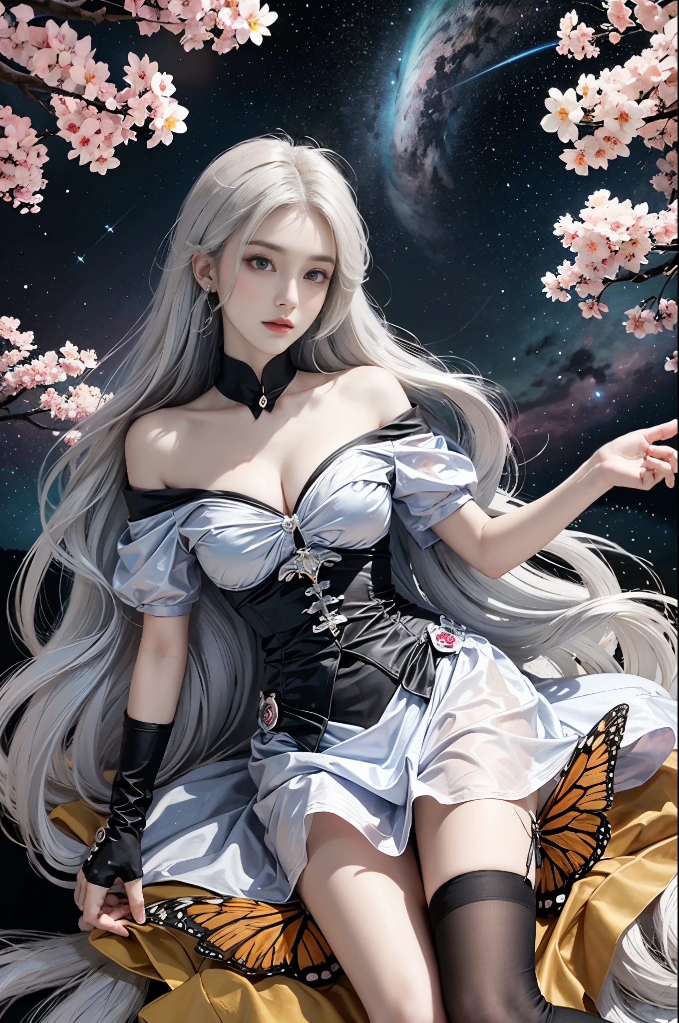 Short sleeve,Off-shoulder, skirt, White hair ,Beautiful dance dynamics , Long legs , Calf((Long white hair，Flowing long hair))Official Art , Unity8k Wallpaper , Extremely detailed , Pretty and beautiful , Sexy long legs, masterpiece , best quality ,Practical, Very detailed illustrations ,Extremely detailed , Intricate details , Extremely complex and detailed , Very detailed 8KCG wallpaper , Caustics .reflection , Ray Tracing , Devil Theme ,nebula ,Dark aura, Network Effects , (1 Girl)Solitary , 小蓝Butterfly , Dozens of monarch butterflies around , (Blue plasma flame , (insect , Butterfly)) 圣光Butterfly天使 , Butterfly翅膀 , Pastel tones in Rococo style ,Light white and light dark red , Incredibly beautiful , Cherry blossoms , Surrealism ,painting , Ethereal , Mixing reality and fantasy elements ,Ray Tracing , Complex patterns , Delicate lines , Perfect your hands, Starry Sky , rich and colorful , Star