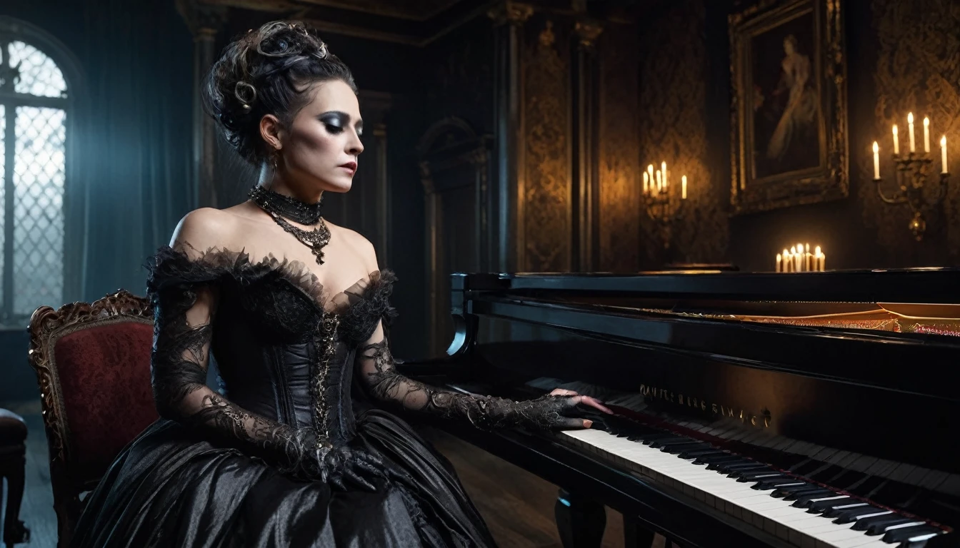 // A scene inspired by Dune: A single Nightshade Sister, dressed in tattered and torn clothing that resembles a mix of a bikini and shredded gown, is chained by her neck as she plays a grand piano in a grand, decadent chamber filled with luxurious yet sinister decor. The sister, bound and treated as a slave, performs a haunting melody while surrounded by Harkonnen men and women, all pale and dressed in dark, extravagant attire. The atmosphere is thick with eerie fascination and cruel delight, as the Harkonnen audience watches her intently. The lighting is dim, with deep shadows and flickering flames casting an ominous glow over the scene, highlighting the stark contrast between the sister's suffering and the dark, decadent surroundings.