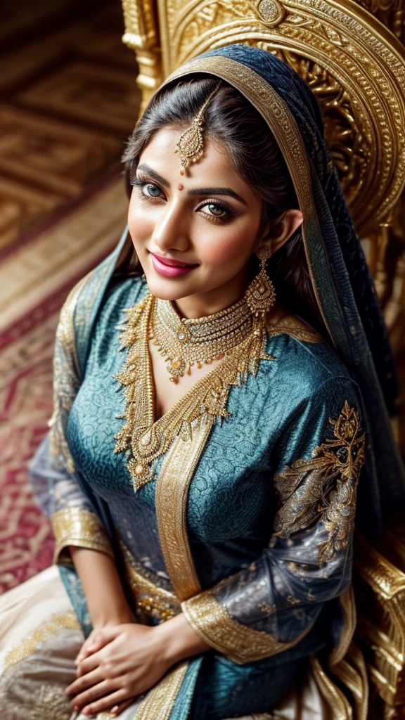 Shot from above, Extremely detailed, women, elven, Pakistani women, bride, beautiful body, wearing traditional (navy blue and golden), beautiful huge size breast, beautiful face, extremely detailed greenish gray eyes, lowering gaze, light pink lips, open mouth smile, golden brown skin, sitting on bench, luxury interior