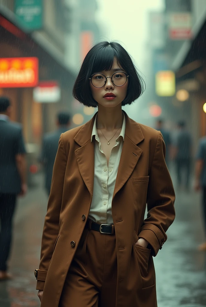 (photorealistic) realistic image of a (Asian woman), (slim build), (short hair), (white skin), (dark eyes), wearing a (brown suit) and (vintage coat), walking in city in thailand with a (serious face), (wearing glasses), capturing a (Kodak color film look), featuring a (grainy texture), surrounded by a picturesque (city in thailand) under dramatic weather, atmospheric, vivid colors, natural lighting, emotionally charged ambiance,no make up