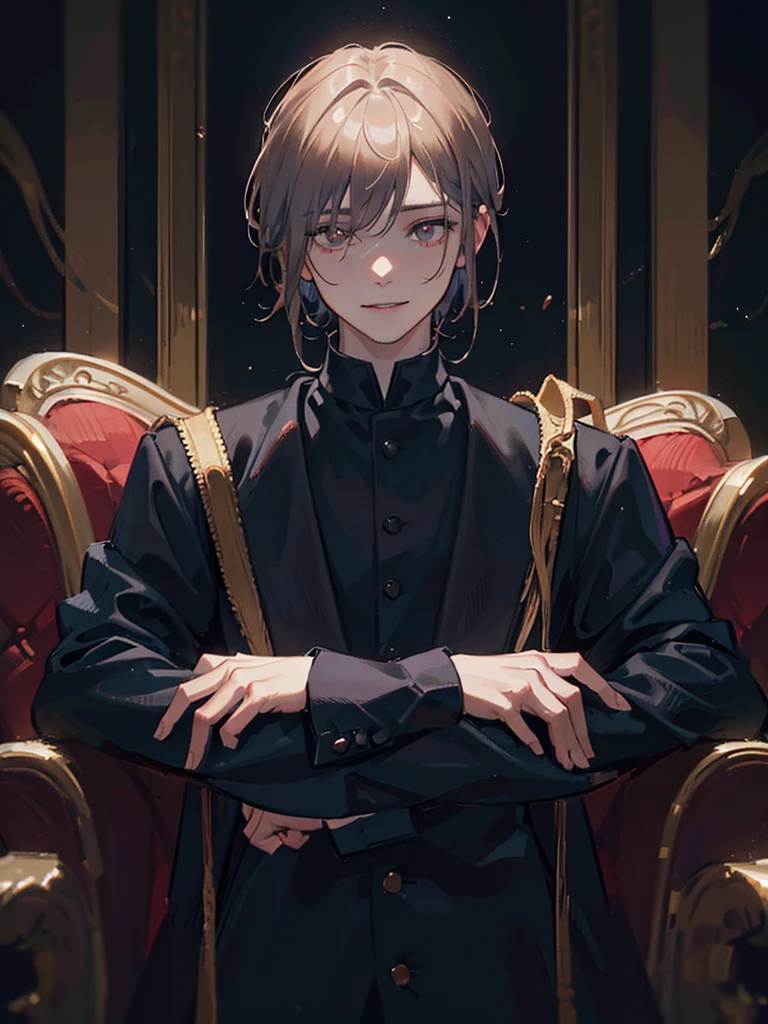 a young boy in a gentlemanly suit, gray foggy background, glowing golden eyes, 11 year old boy, dark eldritch aura of tentacles behind him, cinematic lighting, highly detailed, hyper realistic, 8K, photorealistic, masterpiece, dark atmosphere, abomination, 11 year old human ???, (best quality,4k,8k,highres,masterpiece:1.2),ultra-detailed,(realistic,photorealistic,photo-realistic:1.37),surreal,dark fantasy,moody lighting,cinematic,dramatic lighting, evil looking smile