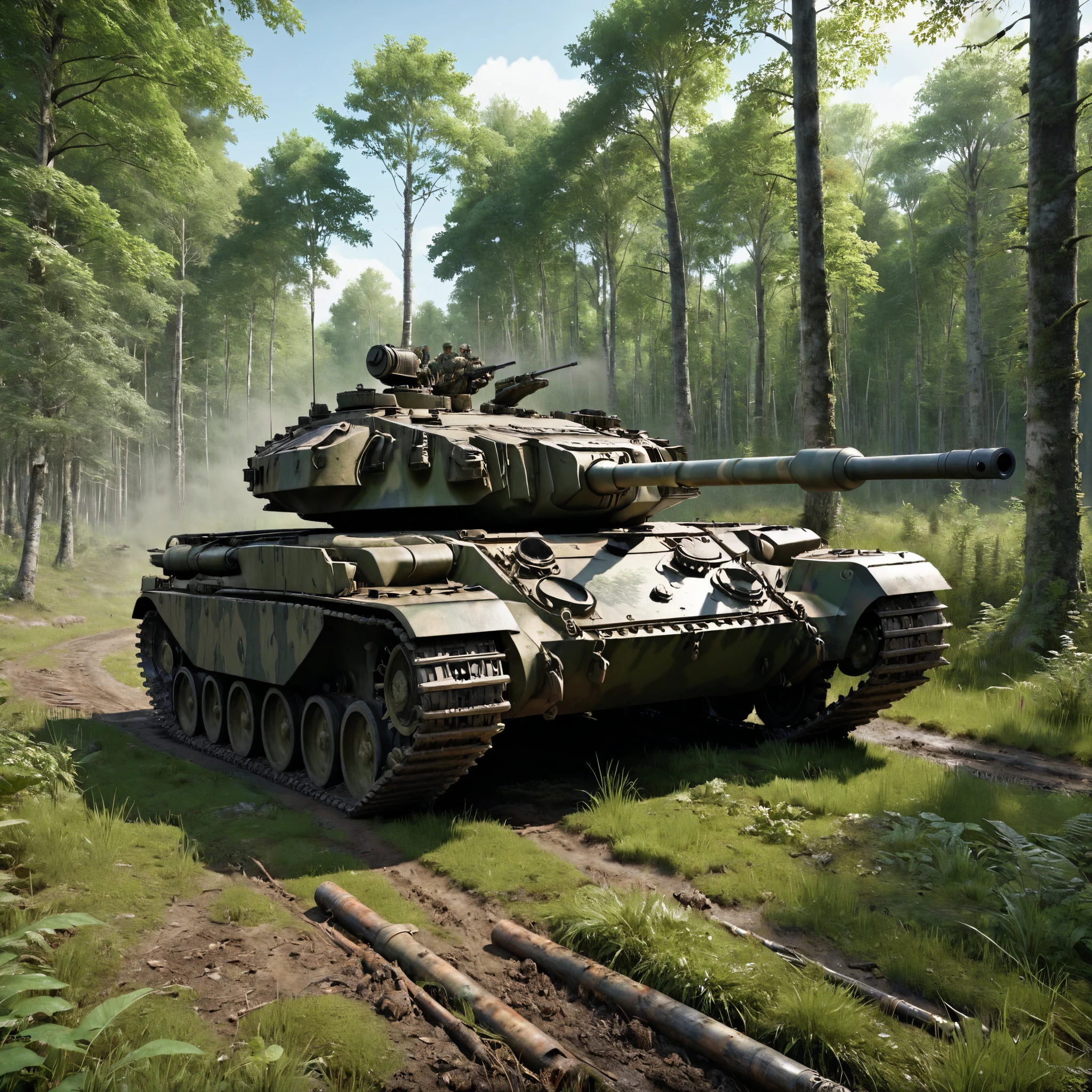 Chieftain tank driving through the forest,The tank is painted in forest camouflage.、The hull and gun barrel are camouflaged with grass and leaves..Realistic dirt and dents,high quality, High resolution, masterpiece, 最high quality4k, 8k,Super detailed,Realistic,Dramatic lighting,Professional photography,