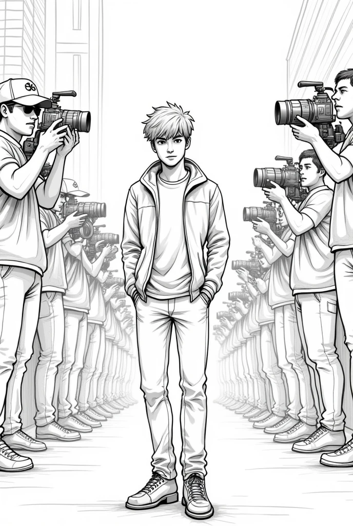 A sketch of a A 18 years old boy with cameras shooting at him