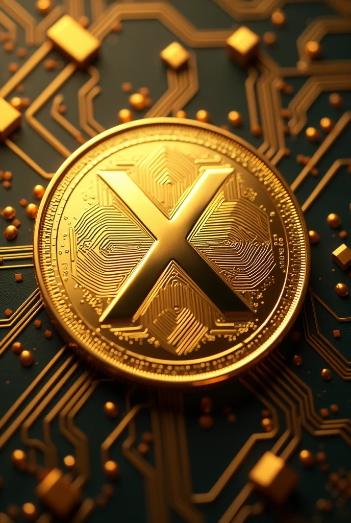 Make a currency coin.In Middle add X word and color is gold and background is CPU design
