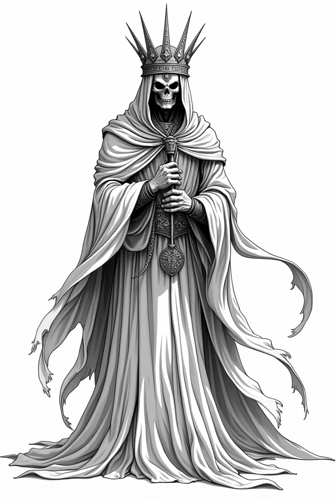 Drawing line art design for sticker of: The king of angmar from lord of the rings, floating Reaper, scyscraper, wear big templars crown, Taoist robes, white background, the faces of death corpse