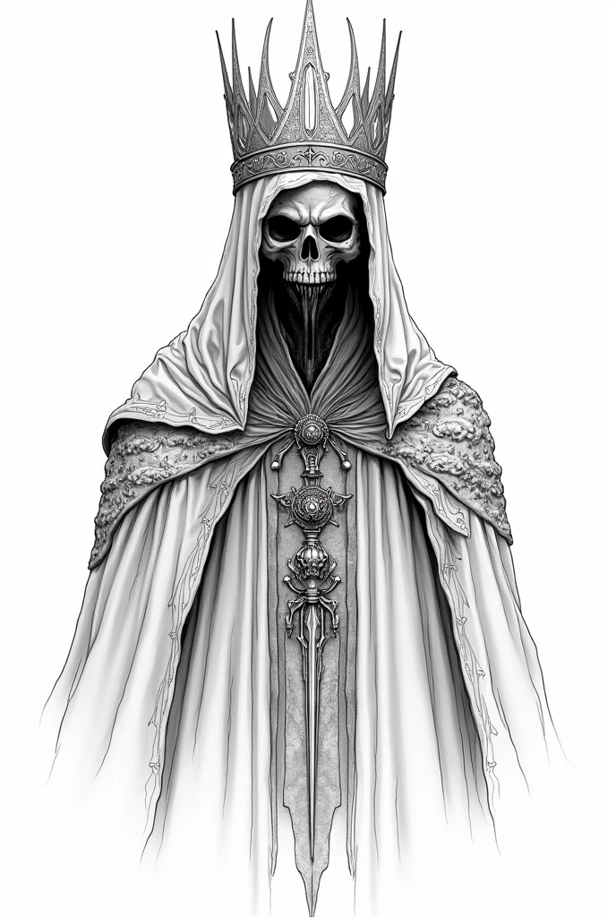 Drawing line art design for sticker of: The king of angmar from lord of the rings, floating Reaper, scyscraper, wear big templars crown, Taoist robes, white background, the faces of death corpse