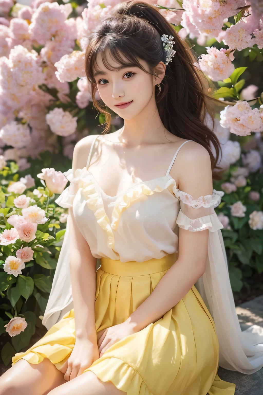 Smile、night、original photography、(((ultimate beauty portrait)))、((sparkling skin))、1 girl、Beautiful 15 year old girl from Prague、Bright expression、((brown hair))、(light yellow clothes),(B cup no)、(frilly skirt:1.3)、((Big eyes sparkling like gems))、skin glowing、(Medium long hair)、(silk ponytail)、Eyeliner、Beautiful bangs、Hair between the eyes、((masterpiece、top quality、Sea of Flowers, Super detailed, intricate details、High resolution、Very detailed))、Background、8k、high quality、Fuji XT3 、See deeply、natural soft light、