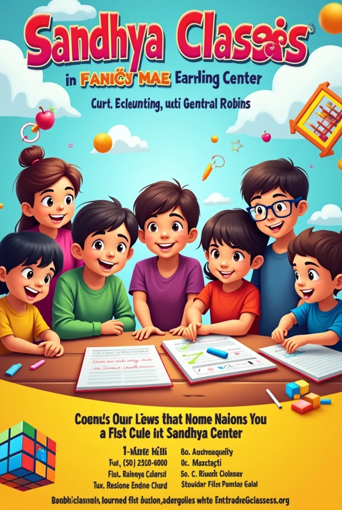 create an image which can serve as hoarding advertisement for Sandhya Classes where kids are taught on Abacus, Rubin’s cube and Phonics.