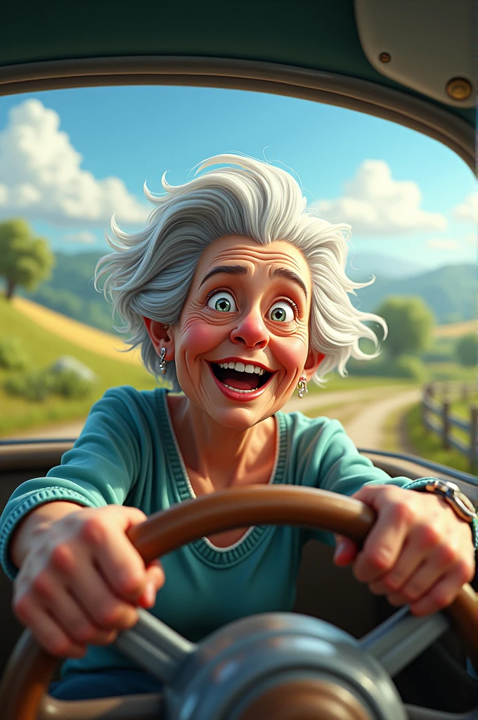 Grandma running wild in car