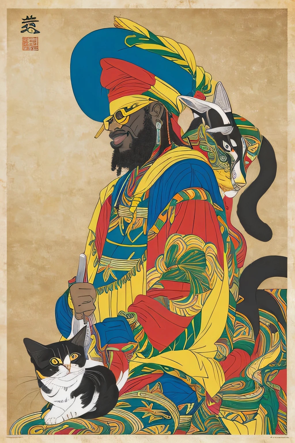 Jamaican man playing reggae、Cat on shoulder、Masterpiece、Gold folding screen background、Japanese painting、High definition、znchn style、Highest quality、超High definition、8k