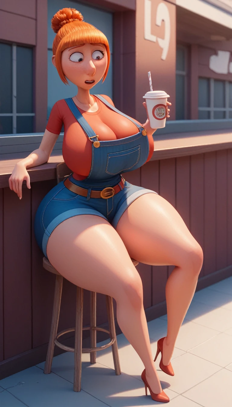 despicable me:1.3,3D:1.1, 1mlhuer:1.1, blue denim overalls:1.1 ,Lucy:1.1, glad:1.5,hair orange, huge breasts, thin thighs, Wide hips, thin belt, huge ass, thin legs, thin arms, public, sitting on the chair, open legs, holding a cup