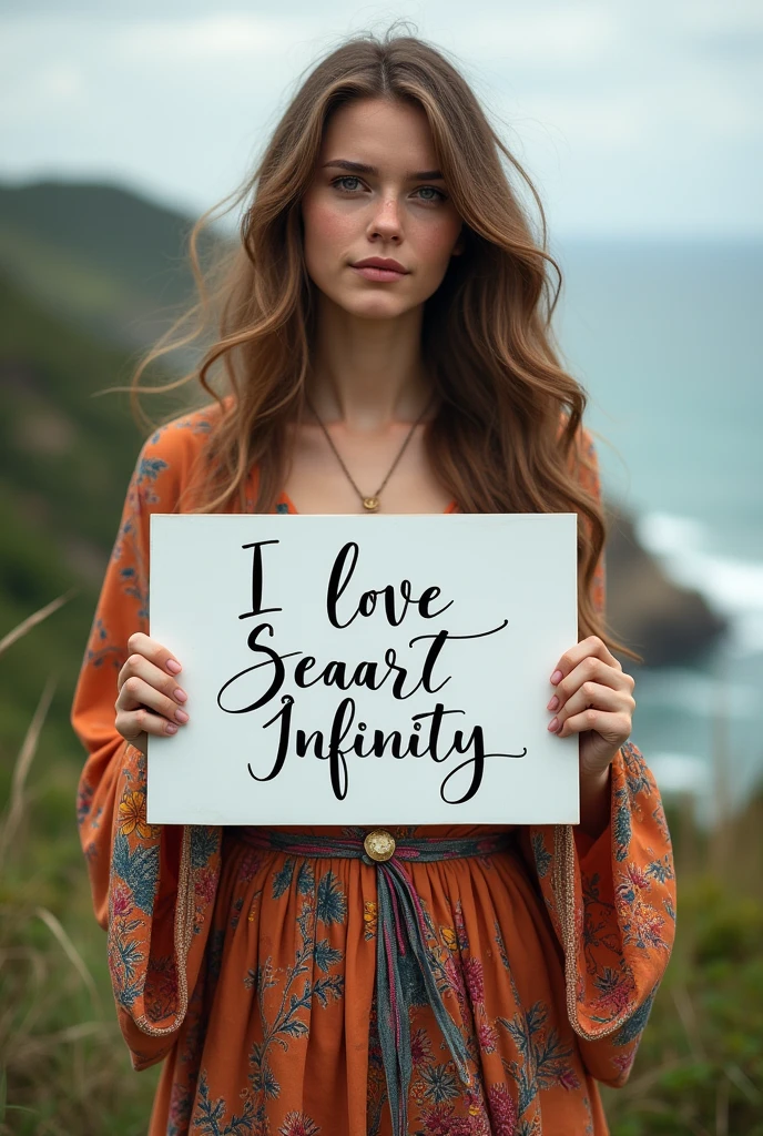 Beautiful girl with wavy long hair, bohemian dress, holding a white board with text "I Love Seaart Infinity" and showing it to the viewer