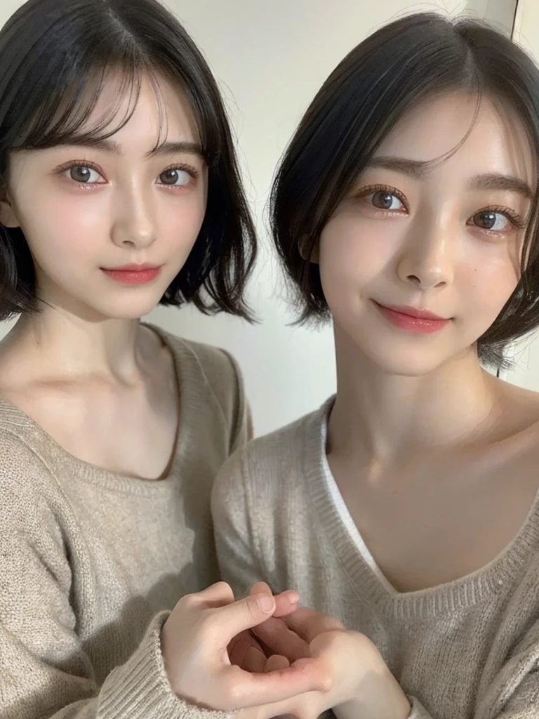 (masterpiece:1.3), (8k, Photoreal, Raw photo, best image quality: 1.4), Japanese high school girl、(random hairstyle:1.2)、cleavage:1.5、super detail face、eye for details、double eyelid、chest to chest、sharp focus:1.2、Beautiful woman:1.4、light brown hair、highest quality、masterpiece、超A high resolution、(Photoreal:1.4)、Highly detailed and professionally lit smiles、loose and light knitwear、shoulder out、thin、serious expression、short haired、deadly position
similar identical twins
All the girls have the exact same face, The two have the same face and figure, as if they were mirror images.