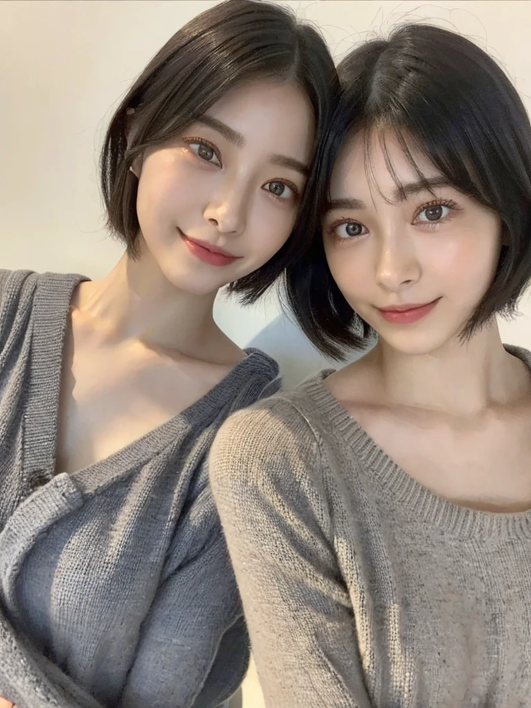 (masterpiece:1.3), (8k, Photoreal, Raw photo, best image quality: 1.4), Japanese high school girl、(random hairstyle:1.2)、cleavage:1.5、super detail face、eye for details、double eyelid、chest to chest、sharp focus:1.2、Beautiful woman:1.4、light brown hair、highest quality、masterpiece、超A high resolution、(Photoreal:1.4)、Highly detailed and professionally lit smiles、loose and light knitwear、shoulder out、thin、serious expression、short haired、deadly position
similar identical twins
All the girls have the exact same face, The two have the same face and figure, as if they were mirror images.