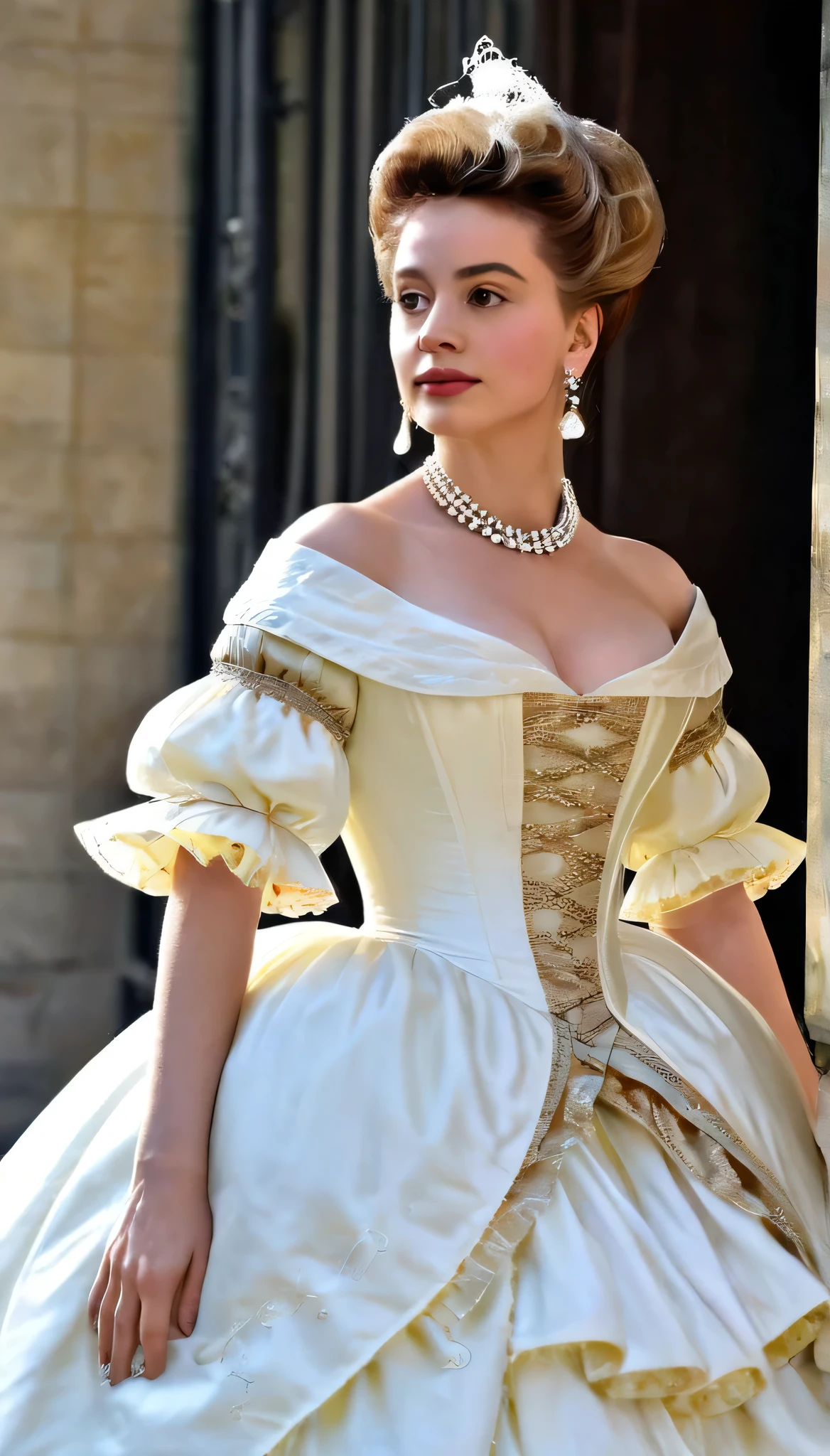 Full body shot, In the mid-16th century, the neckline disappeared and raised collars appeared. Shoes and fluffy skirts are in fashion; real fashionistas and fashionistas began to use perfume. Later, France begins to dictate fashion again. Laws of beauty appear, and the whole world follows the example of French women. The first editions of style and fashion appear. In the 18th and 19th centuries, fashion included: front sights, wigs, women's corsets, and the Rococo style.full body photography, big breasts, very long eyelashes, long diamond earrings, big diamond collar, ruffled dress, puffy sleves,satin dress,silk dress,4k, 8k,high resolution