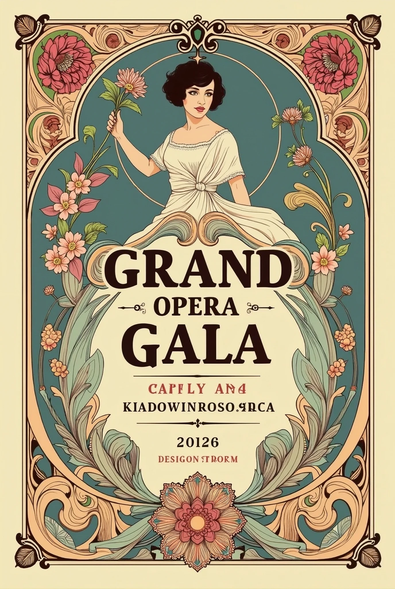 A vintage-inspired poster for the "Grand Opera Gala" in Martinborough, evoking the charm of 1920s Art Nouveau. The poster features an intricate, hand-drawn illustration of an opera singer surrounded by swirling floral patterns and ornate details in soft pastels. The title "Grand Opera Gala" is prominently displayed in an ornate, decorative font, with the location and date elegantly integrated into the design. The overall effect is one of timeless beauty and artistic sophistication. Art Nouveau, vintage, intricate details, soft color palette, timeless elegance