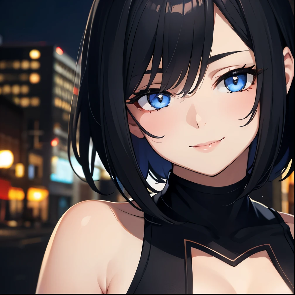 [(Beautiful young girl) (short black hair) (blue eyes) (flat chest) (small breasts)]  ([high Definition] [correct anatomy]):  (very close face) (smiling) (red cheeks) (in love expressions) (city background) 