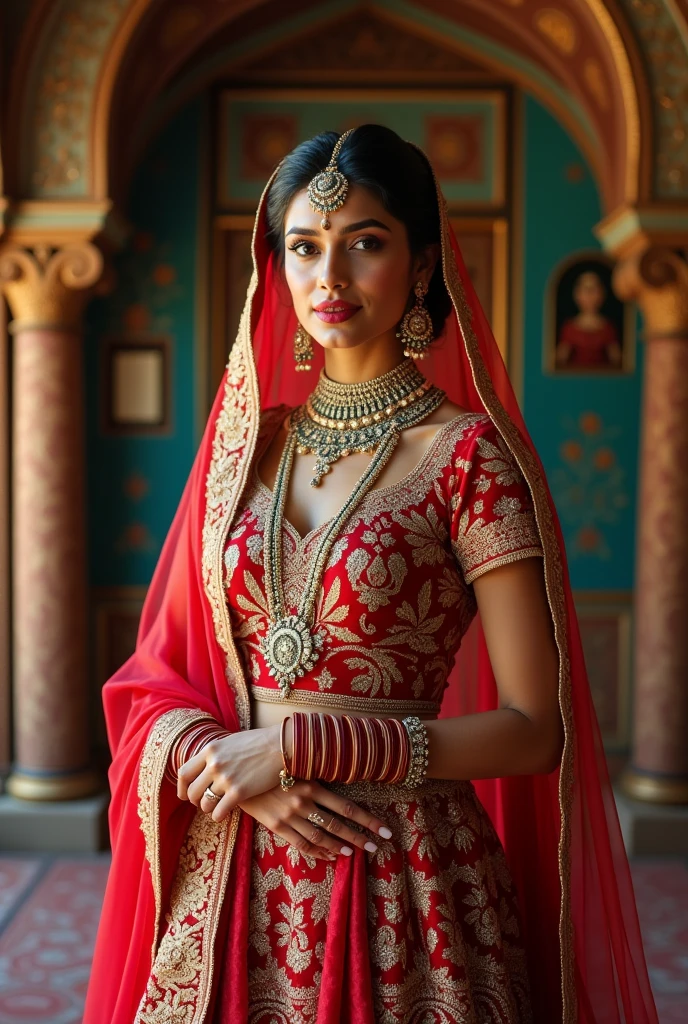 A beautiful lady wearing a Indian wedding dress 