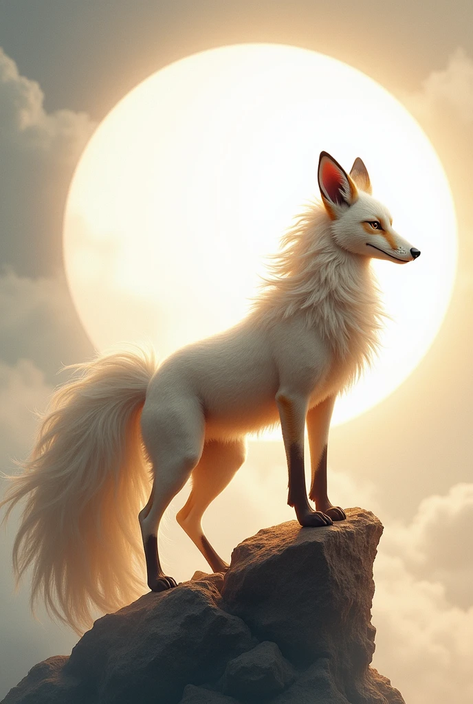 Please design an ancient mythical nine-tailed fox mount for me，Behind it is a white cloud，Standing on the top