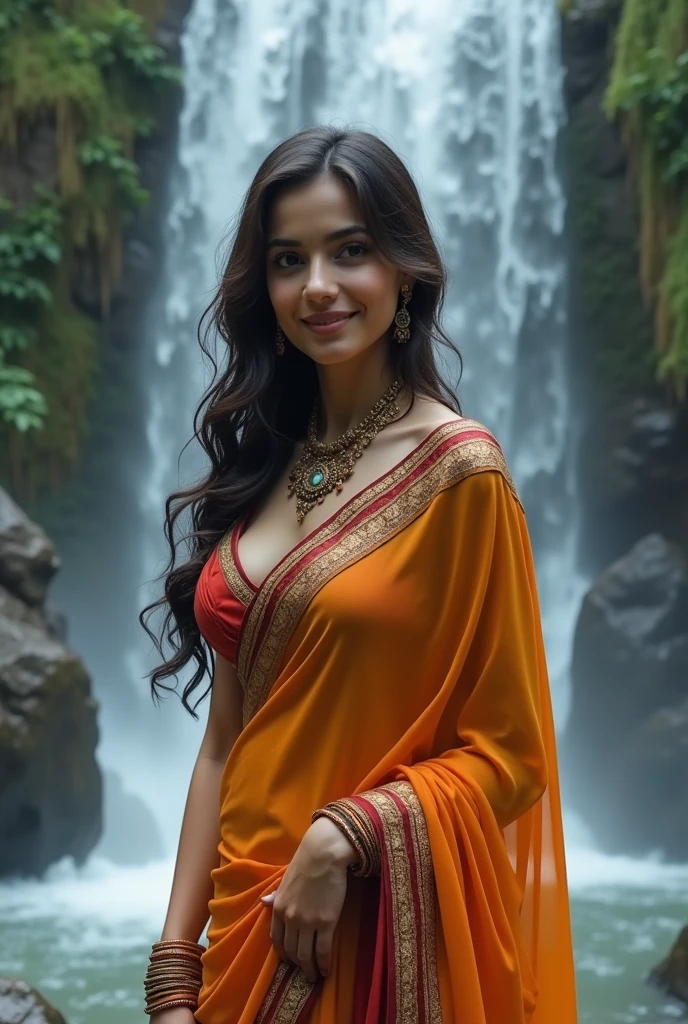 Can you show me a girl with saree and bra and make background of waterfall and make her boobs big