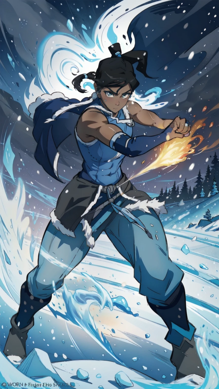(Whole body:1.4), promotional art, masterpiece, 1girl, solo, muscular girl, standing straght, fighting ready pose, closed fists, korra, dark skin, dark-skinned female, ponytail, hair tubes, short hair, sleeveless, bare shoulders, bare thighs, vast snow field, surrounded by mystical ring of fire, night, dramatic lighting strikes,