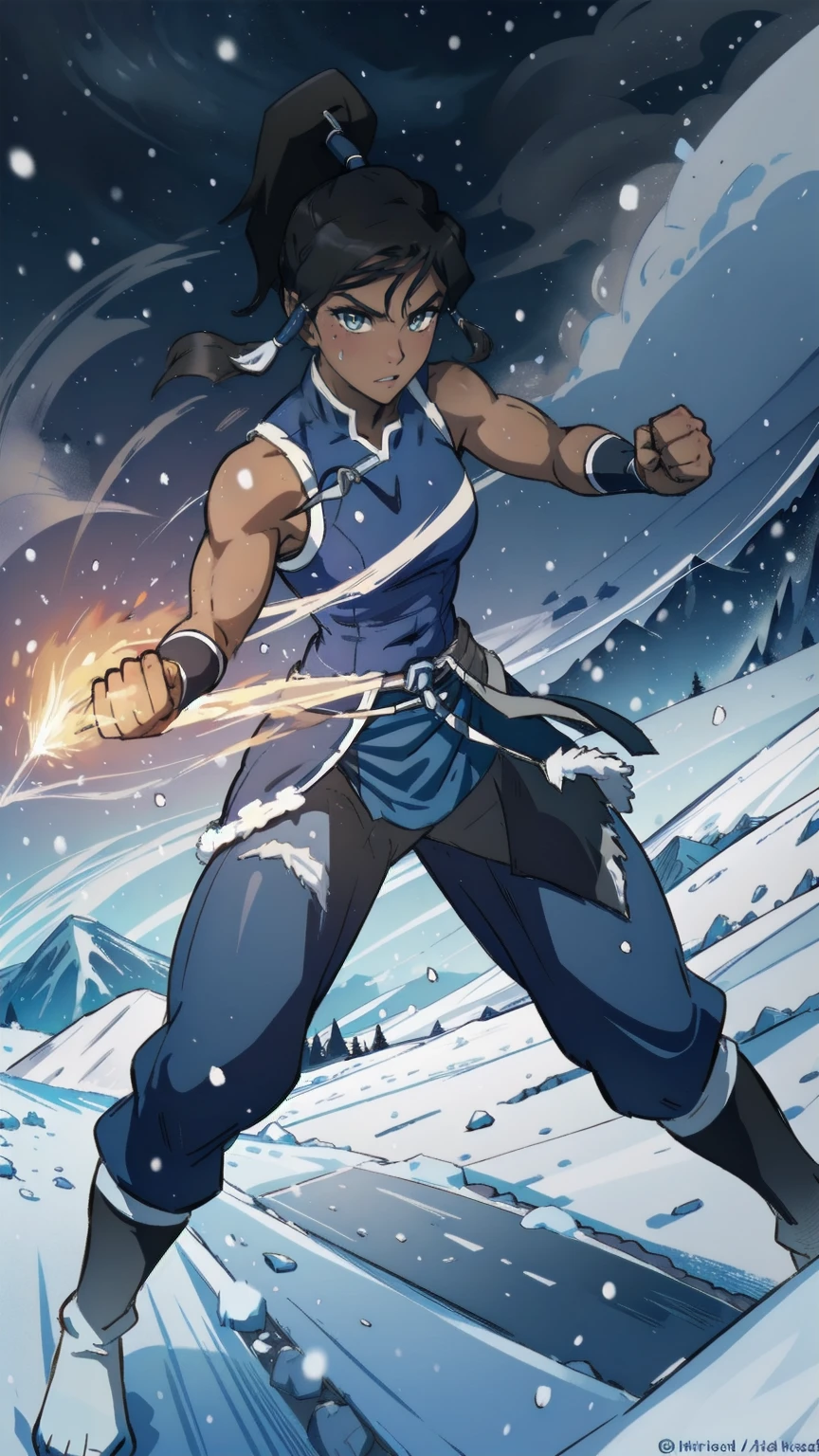 (Whole body:1.4), promotional art, masterpiece, 1girl, solo, muscular girl, standing straght, fighting ready pose, closed fists, korra, dark skin, dark-skinned female, ponytail, hair tubes, short hair, sleeveless, bare shoulders, bare thighs, vast snow field, surrounded by mystical ring of fire, night, dramatic lighting strikes,