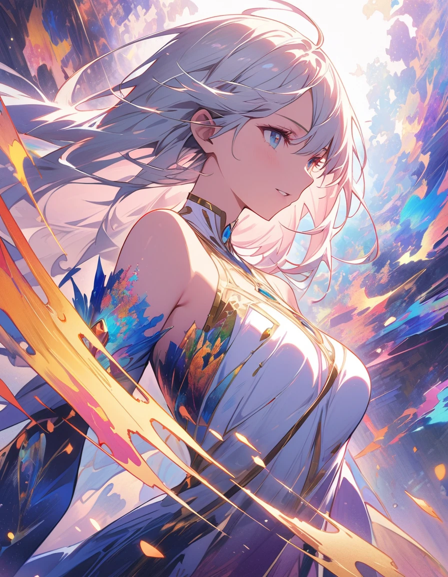 (masterpiece、Highest quality、Highest quality、Official Art、Beautiful and aesthetic:1.2)、(One Girl:1.3)、Silver-haired、Goddess Tribe Warrior、White Armor、Goddess Feathers、Straight Hair、Align your bangs、Very detailed、(Fractal Art:1.5)、Highest detail、(Tangled:1.2)、(Dynamic Pose、sideline)、(Abstract background:1.5)、(Glowing Skin)、(Light Background:1.2)
