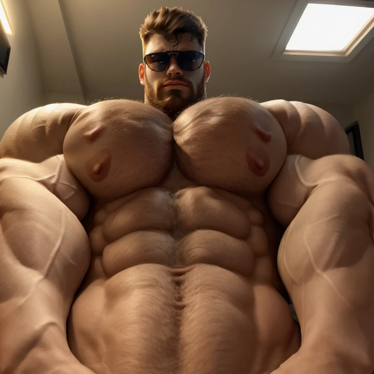 high quality, upshot pecs, 4k, ultra realistic, best quality, best lighting, epic lighting, natural lighting, masterpiece, 8k, a very handsome young man, bodybuilder, exaggeratedly huge, very hairy body, sunglasses, shirtless, exaggeratedly muscular body, exaggeratedly huge muscles, with arms crossed, in an apartment