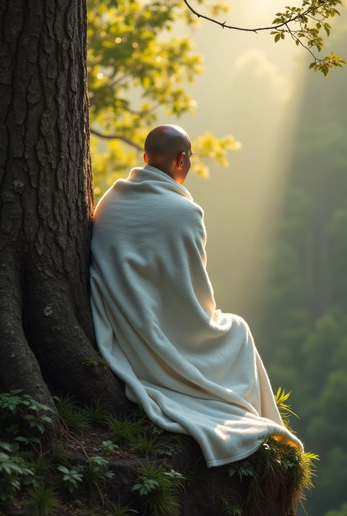 A bald Asian young man wrapped in a white blanket sits with his back to a large tree in the forest on the edge of a cliff, facing east and the morning sunlight.