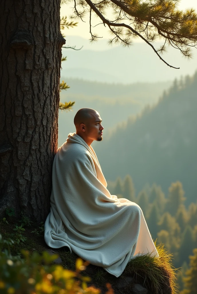 A bald Asian young man wrapped in a white blanket sits with his back to a large tree in the forest on the edge of a cliff, facing east and the morning sunlight.