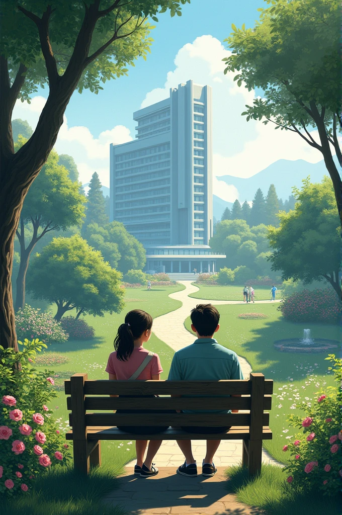 A garden with a bench and 2 people sitting there with a dream hospital at the background