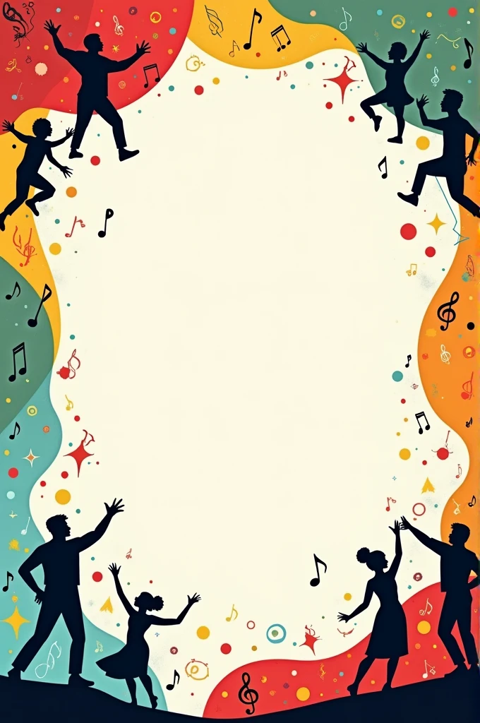 Create a invitation card for dance and singing competition . Leave space in centre for content. The borders shall be of red green yellow and blue colours only have something modern. Also add people of different countries dancing on the corners and add singing elements