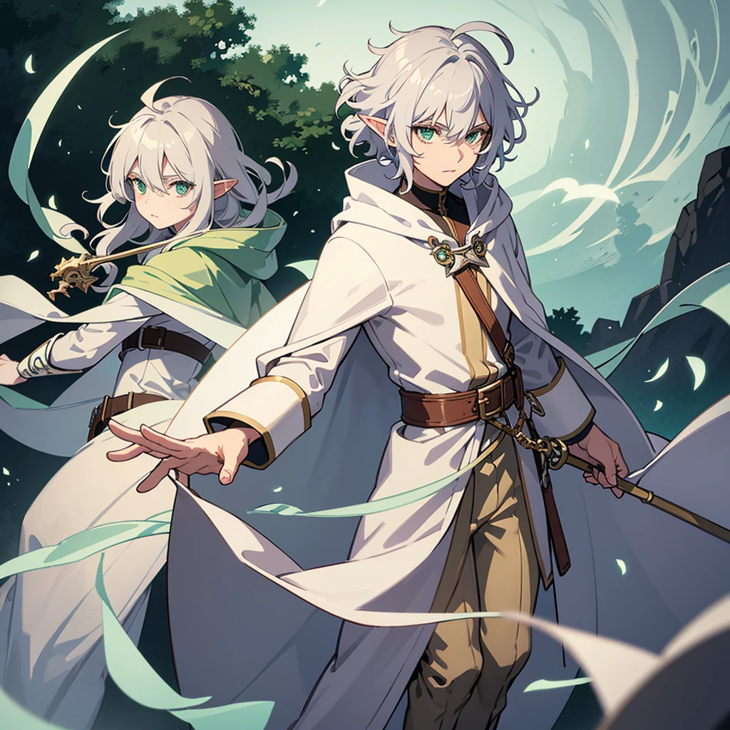 Elf, silver hair, medium hair, medium cut, ahoge, curly hair, green eyes, slender, fair skin, white robe, green cloak, fingerless gloves, brown pants, belt, androgynous, dignified々A cute boy in men's clothing. . A bold smile, with a cane