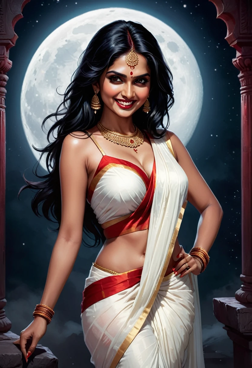 (full body) (sensual pose) Digital illustration with a dark, eerie style. The layout features a central figure, an indian woman with long, disheveled black hair, towards the viewer., standing with a sensual pose, one hand is calling someone, Her skin is pale, and her eyes are glowing white, cleavage, sexy round figure, scary looks, cruel smile on face, blood on teeth, giving her a menacing appearance. She has a wide, sinister grin with sharp teeth. The woman is dressed in a white sari with red border (sleeveless) , dark atmosphere, bluish night effect, moon light