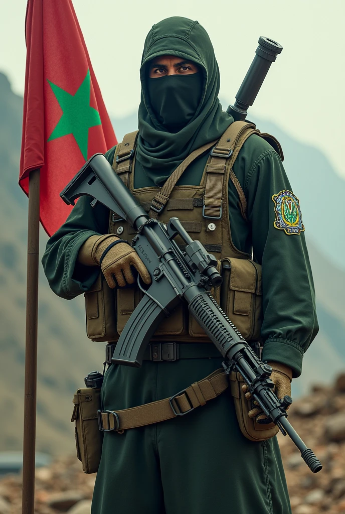 A mujahid holds a weapon and the Hezbollah flag 