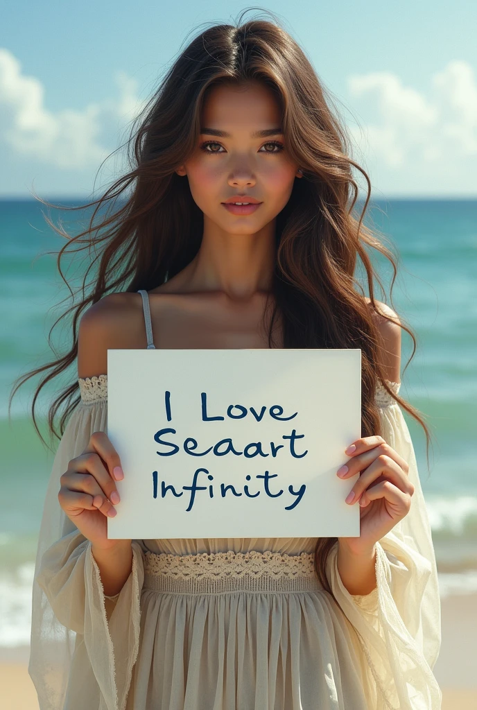 Beautiful girl with wavy long hair, bohemian dress, holding a white board with text "I Love Seaart Infinity" and showing it to the viewer