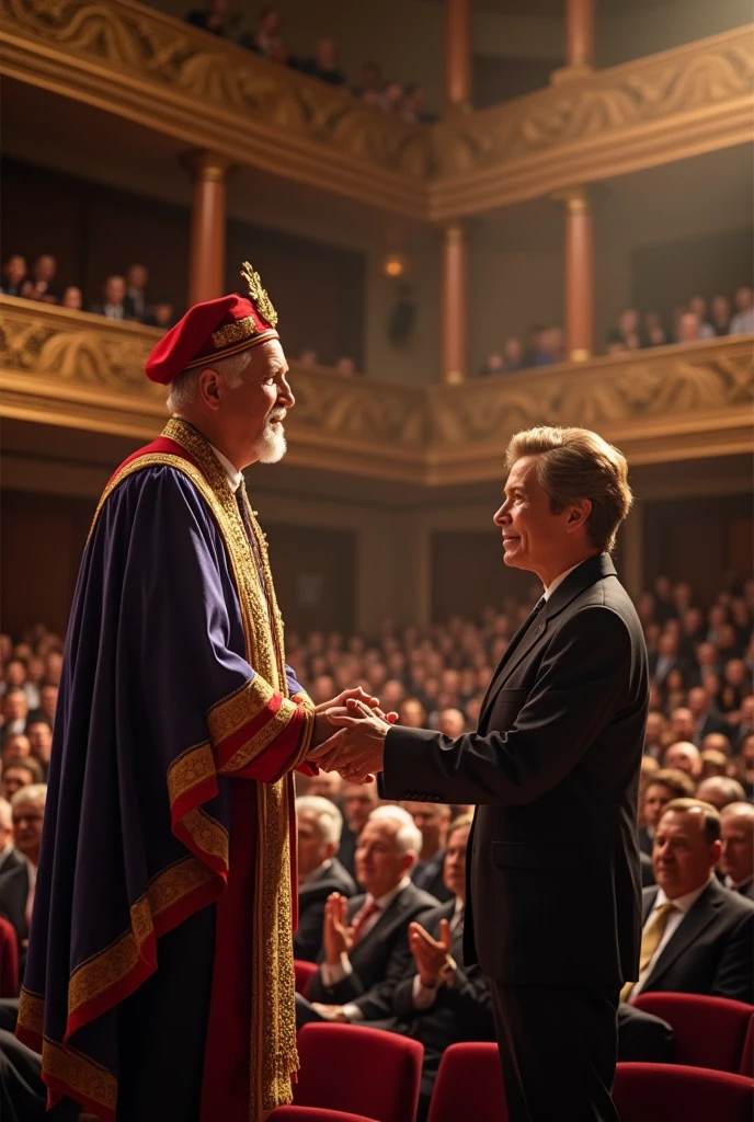 An image of a formal ceremony in a hall or auditorium that symbolizes the Culture of Recognition in public and private institutions. That shows how the work of collaborators is decorated and appreciated for years of service, outstanding merits and professional achievements. Let the image show the presentation of a recognition and the applause of colleagues in the auditorium