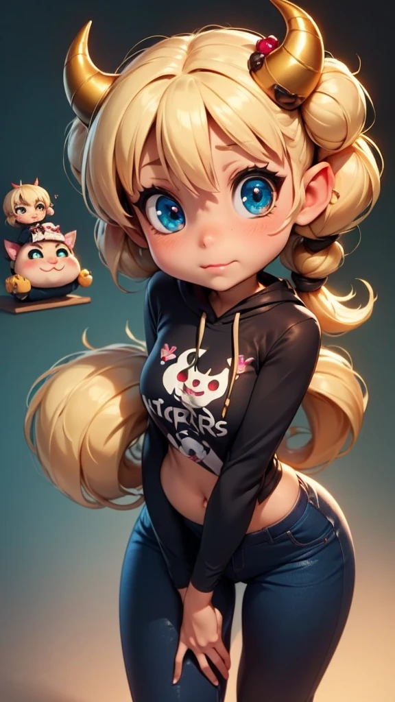 (((chibi))), fat thick skunk girl wearing hoodie and tight sock frombehibd, (anime style)(shiny)(mature)(t-shirt, pants), mature female, horns, pointy ears, slim, curse tattoo, mirror, holding phone, from behind, leaning forward, (((Hyper quality 32k))), (((hyper detailed))),