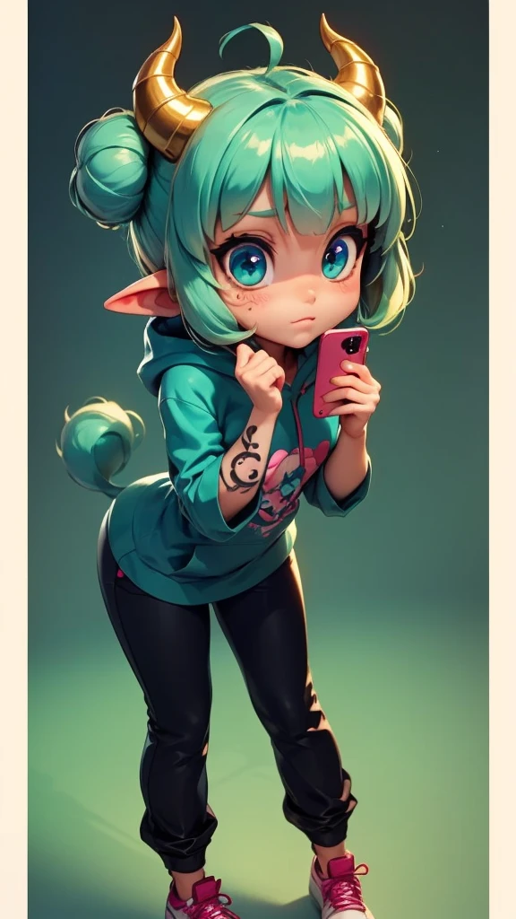 (((chibi))), fat thick skunk girl wearing hoodie and tight sock frombehibd, (anime style)(shiny)(mature)(t-shirt, pants), mature female, horns, pointy ears, slim, curse tattoo, mirror, holding phone, from behind, leaning forward, (((Hyper quality 32k))), (((hyper detailed))),