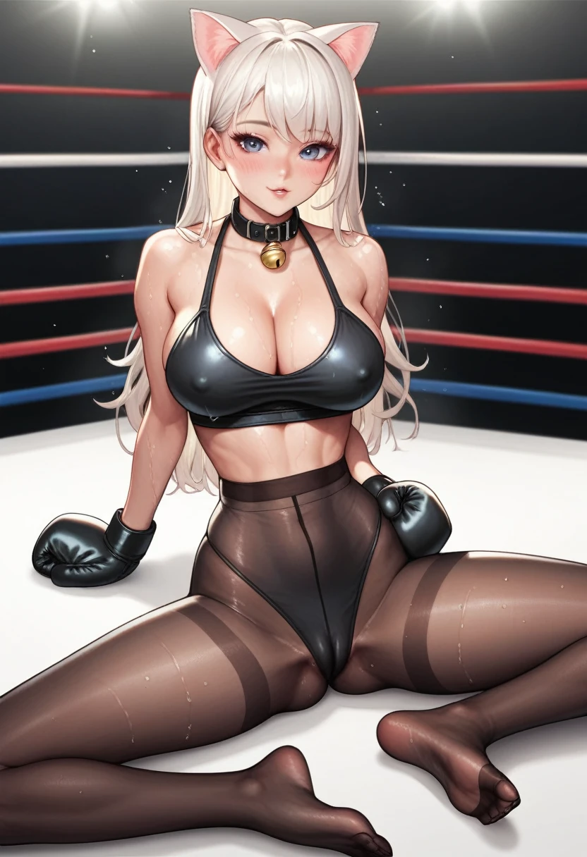 korean beautifull girl,18 years old,Cute face,Good shape,emaciated,detailed picture, Seductive expression,blush,White long hair, Wearing a miniskirt,Soaked,Wear black pantyhose,No shoes, Wearing black boxing gloves,Black collar,Black sleeves on arms, Sitting in the boxing ring and doing sexy moves,Cleavage,Long legs,Thin waist,nipple,Camel toe,Cat ear