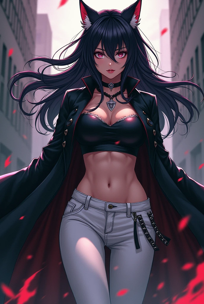 Slayer cat wolf anime girl- 6 girl
With a long black coat
And black and white crop
And wihte denims