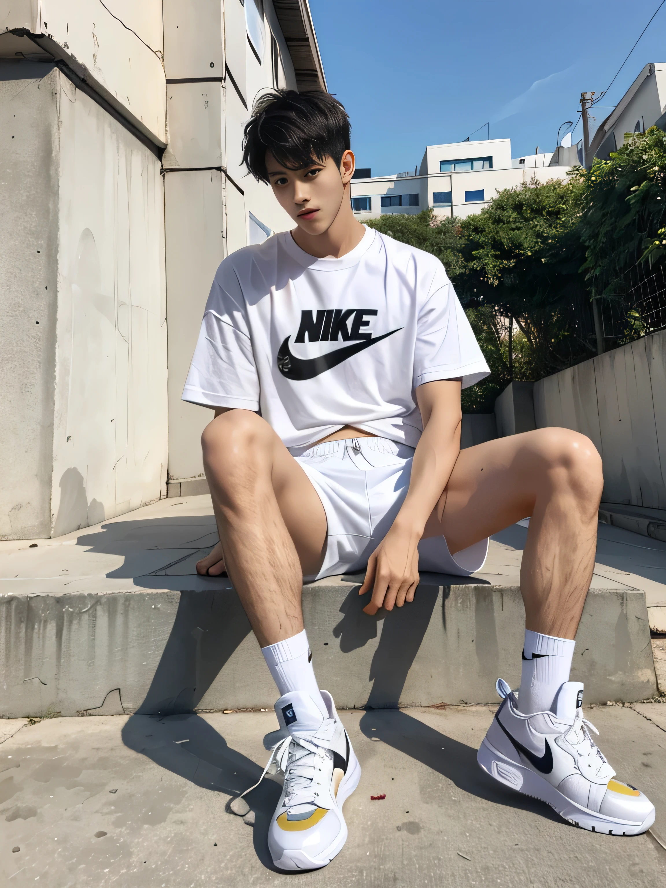 A boy in his twenties，Wearing long white socks and Nike's high-top board shoes，White skin，Long legs，Some abs are exposed，voluminous hair，Handsome，adorable，Cool boy, short hairs，smirk, gangster, handsome